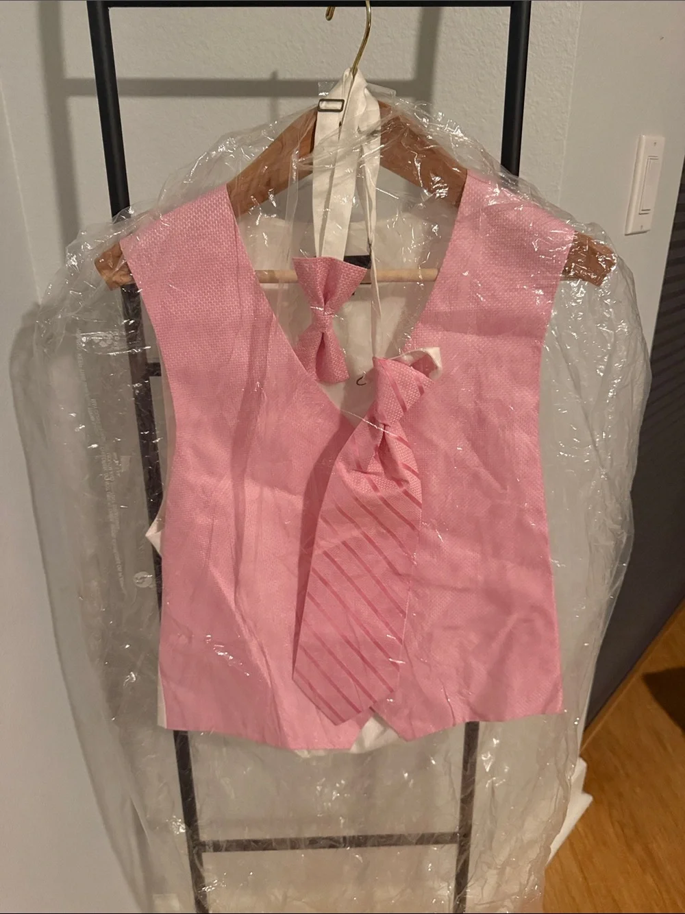 Pronto Uomo Pink Sleeveless V-Neck Vest with Bow and Striped Tie